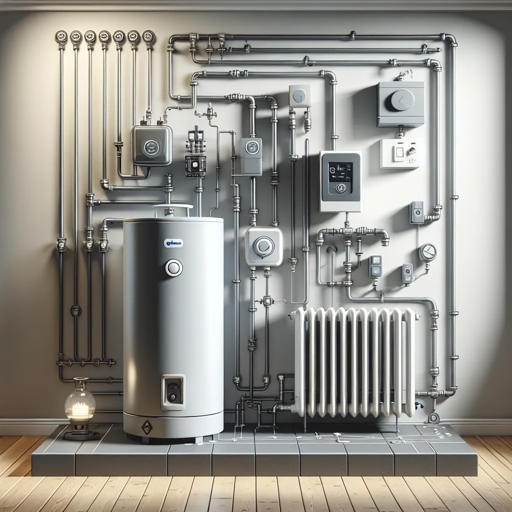 Schemat instalacji grzewczej z kotłem, rurami i grzejnikami, przykład systemu LPG do ogrzewania domu