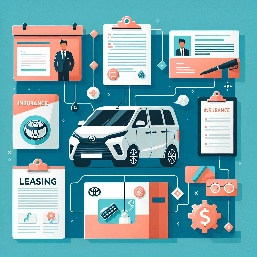 Ilustracja leasingu i ubezpieczeń samochodu Toyota Proace City, dokumenty i auto na tle