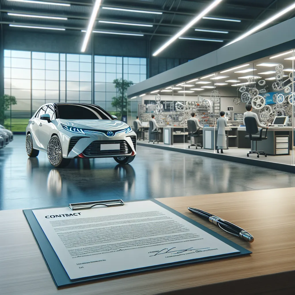 Nowoczesny samochód w hali produkcyjnej, podpisana umowa leasingu i serwisu dla firm Toyota