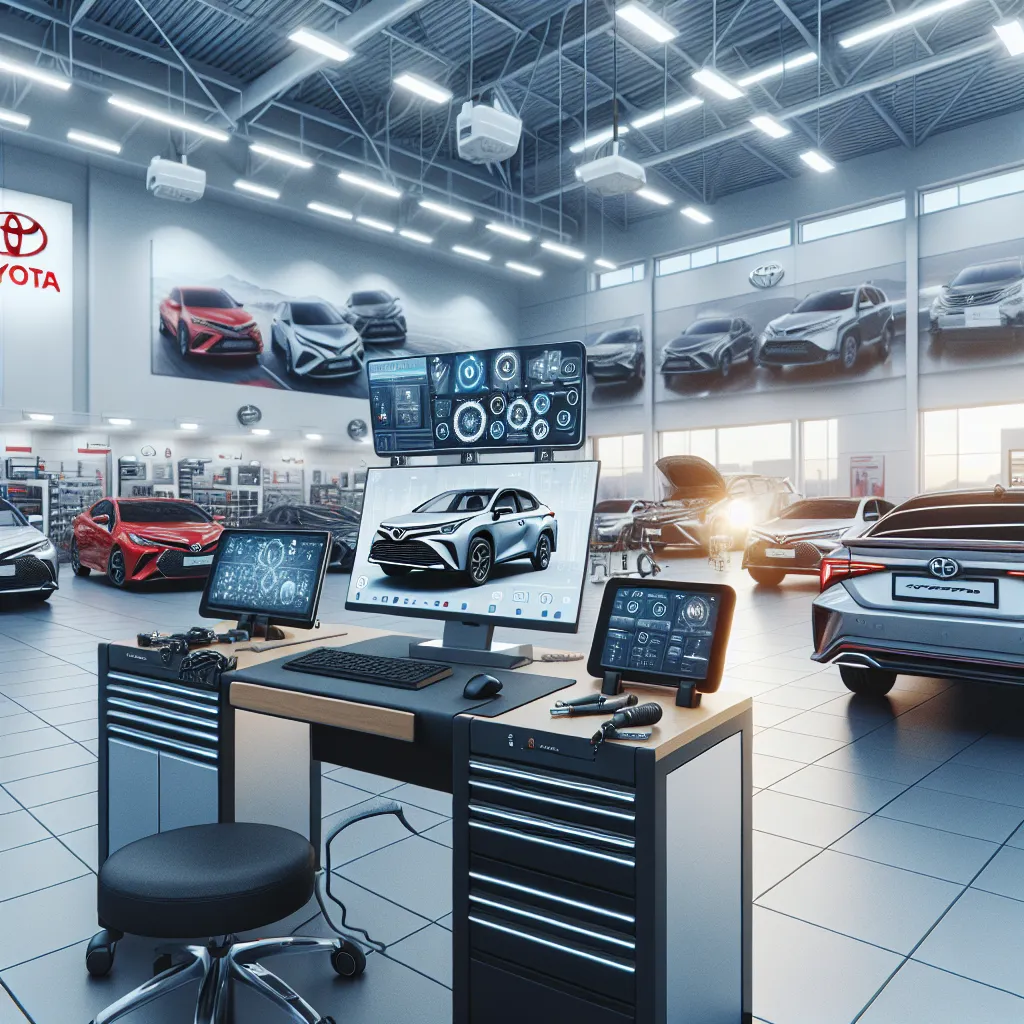 Nowoczesny serwis samochodowy Toyota: stanowisko diagnostyczne z monitorami i samochodem w tle