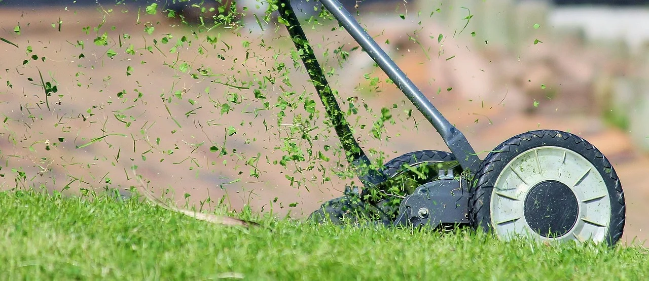 Kosiarka hydrauliczna wyrzuca trawę podczas koszenia zielonego terenu, widok z boku