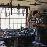 Mechanik w warsztacie naprawia klasyczny skuter, narzędzia i części do Romet Komar na stole